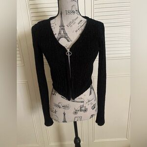 SO long sleeve black chenille zip front o-ring cardigan sweater